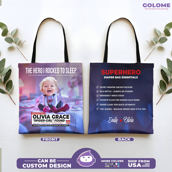 Personalized Baby Superhero Tote Bag – Custom Spider-Girl Gift with Name & Photo for Mom